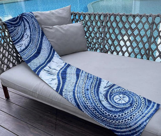 200cm*35cm Indigo blue needle tie dye table runner with artistic swirl/ smooth curved lines pattern. Handmade table runner/ tapestry/ boho wall hanging.