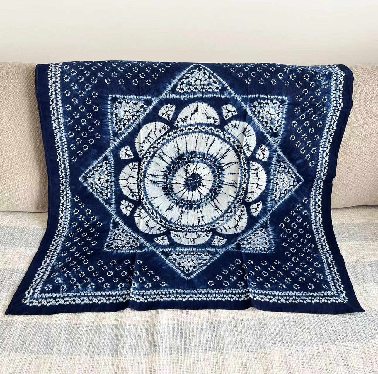 Delicate indigo tie dye floral tablecloth in 90cm*90cm square size. Perfect for coffee table/ bedside table or as a tapestry/ sofa blanket.