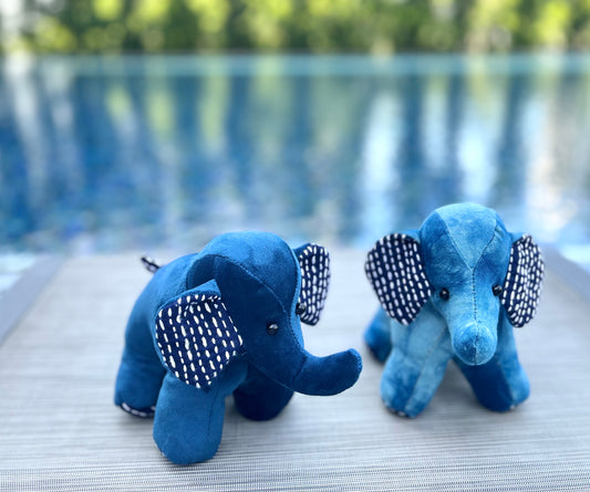 Handmade indigo tie dye baby elephant table decor / door stopper. Lovely stuffed elephant decor in Sashiko embroidery for your home!