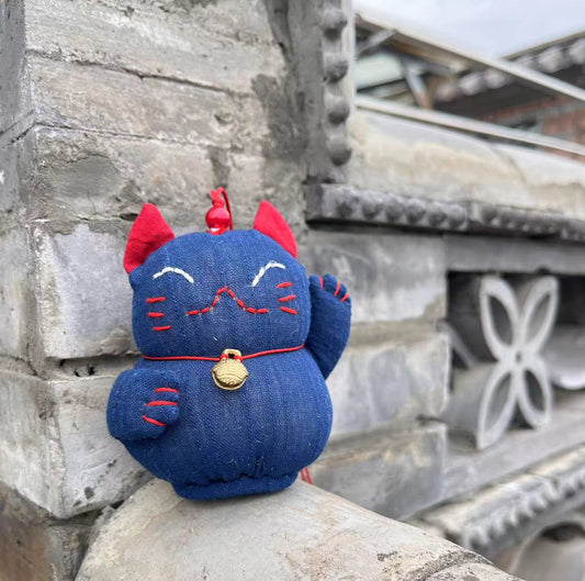 Lucky smile cat hanging ornaments/ door handle pendants/ bag accessories in natural indigo dye soft cotton fabric.