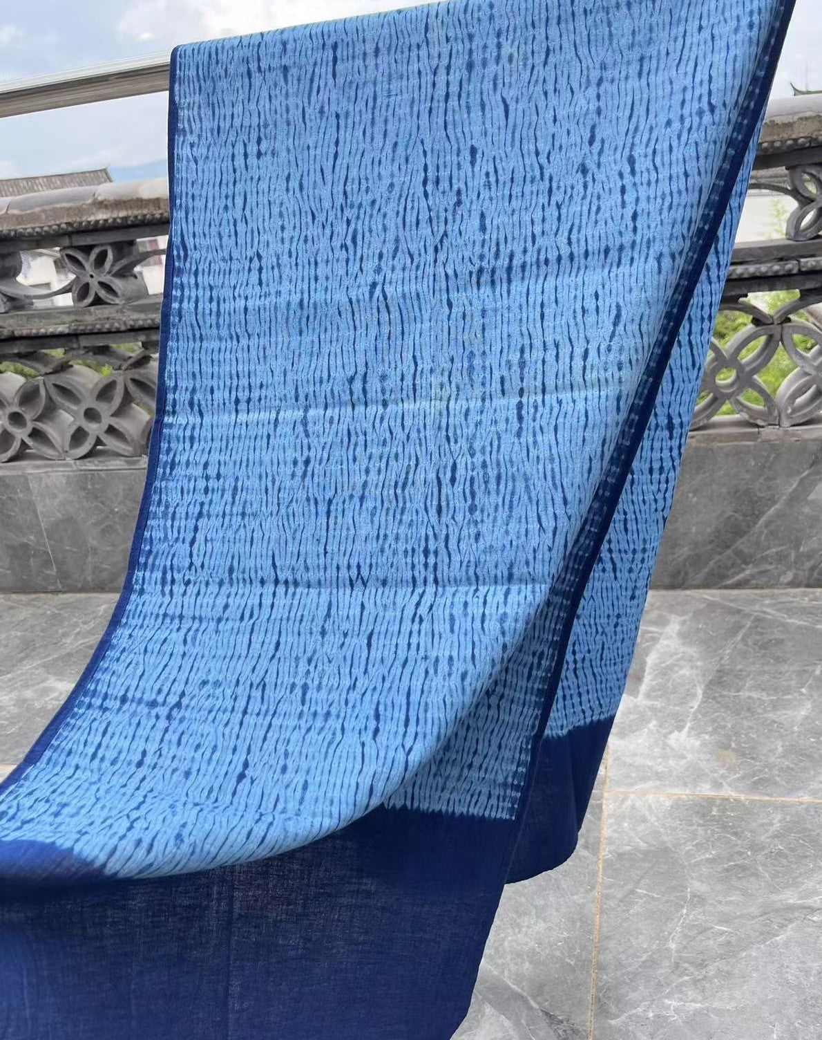 Natural indigo blue shibori Shawl/ Scarf (45cm*175cm) in light, breathable and soft cotton fabric. Perfect for wearing in air-conditioned rooms or outdoors.