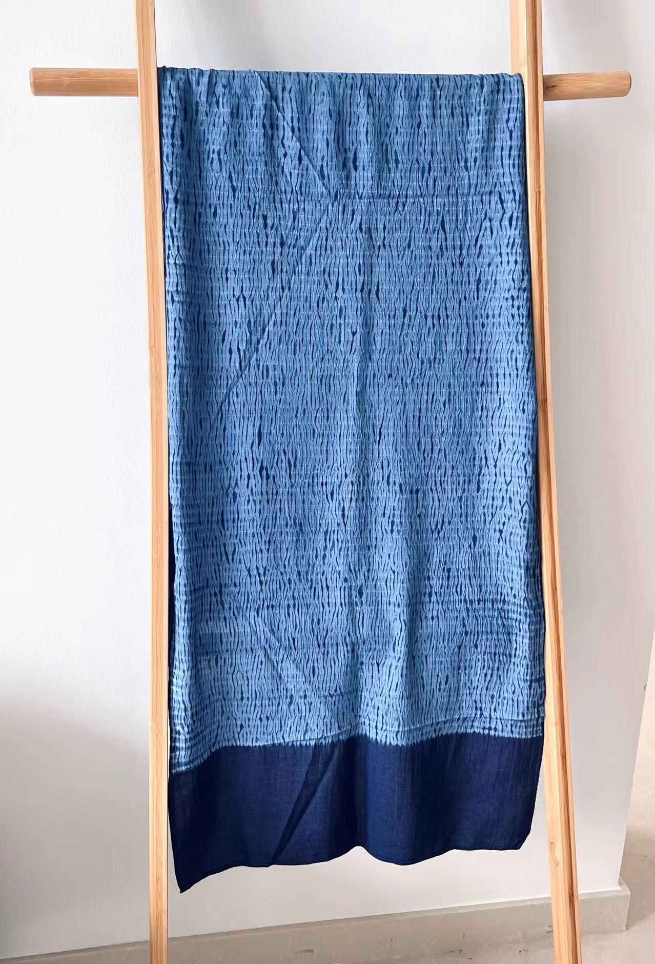 Natural indigo blue shibori Shawl/ Scarf (45cm*175cm) in light, breathable and soft cotton fabric. Perfect for wearing in air-conditioned rooms or outdoors.