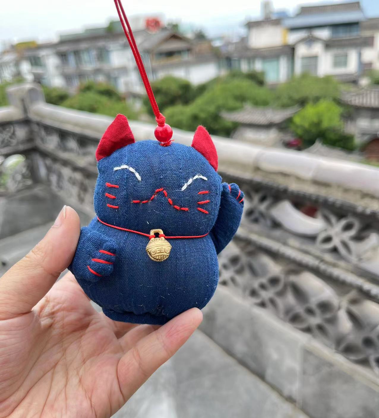 Lucky smile cat hanging ornaments/ door handle pendants/ bag accessories in natural indigo dye soft cotton fabric.