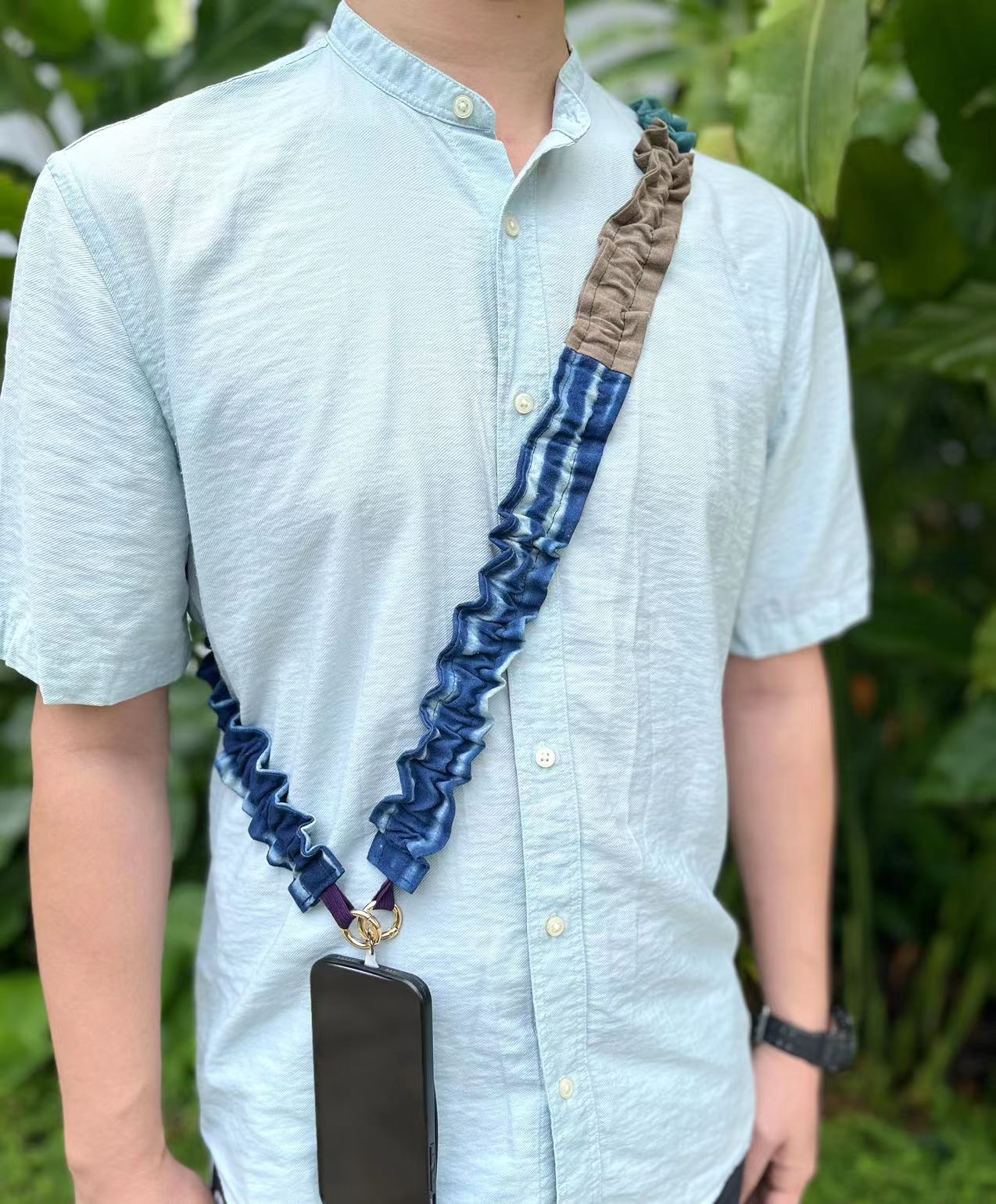 Indigo shibori/ hand woven patchwork stylish mobile phone strap/ lanyard in 130cm length (phone patch is included). A unique crossbody lanyard with your bags.