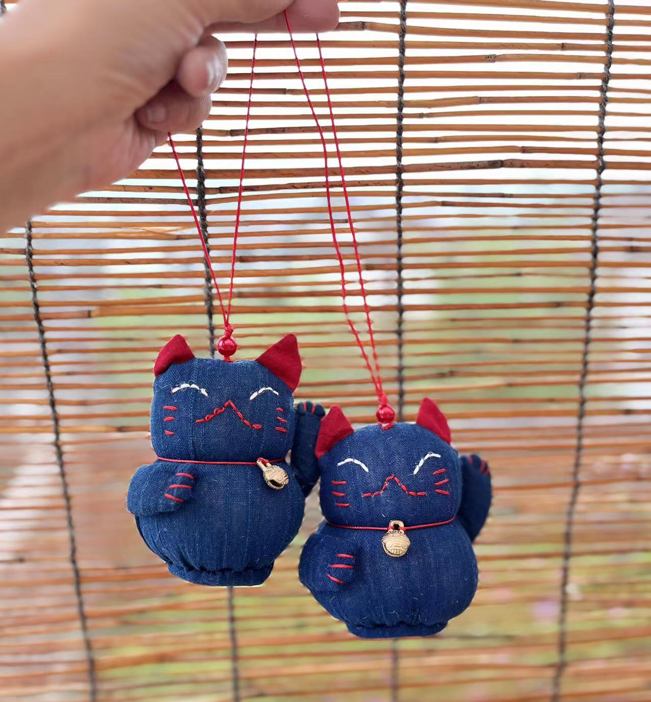 Lucky smile cat hanging ornaments/ door handle pendants/ bag accessories in natural indigo dye soft cotton fabric.