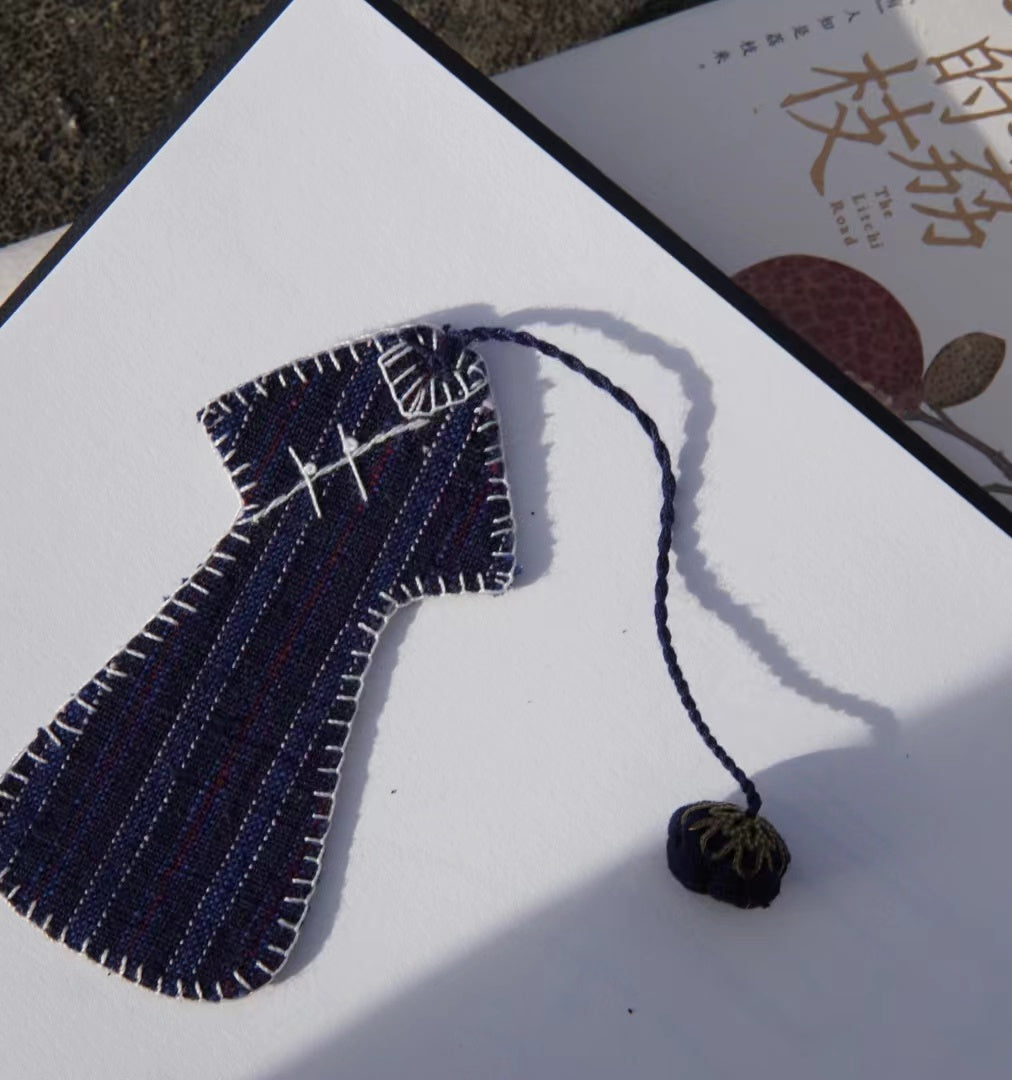 Hand-sewing Cheongsam design bookmark in indigo hand-woven cloth. Cute mini Cheongsam dress bookmark as unique gift for her/ him.