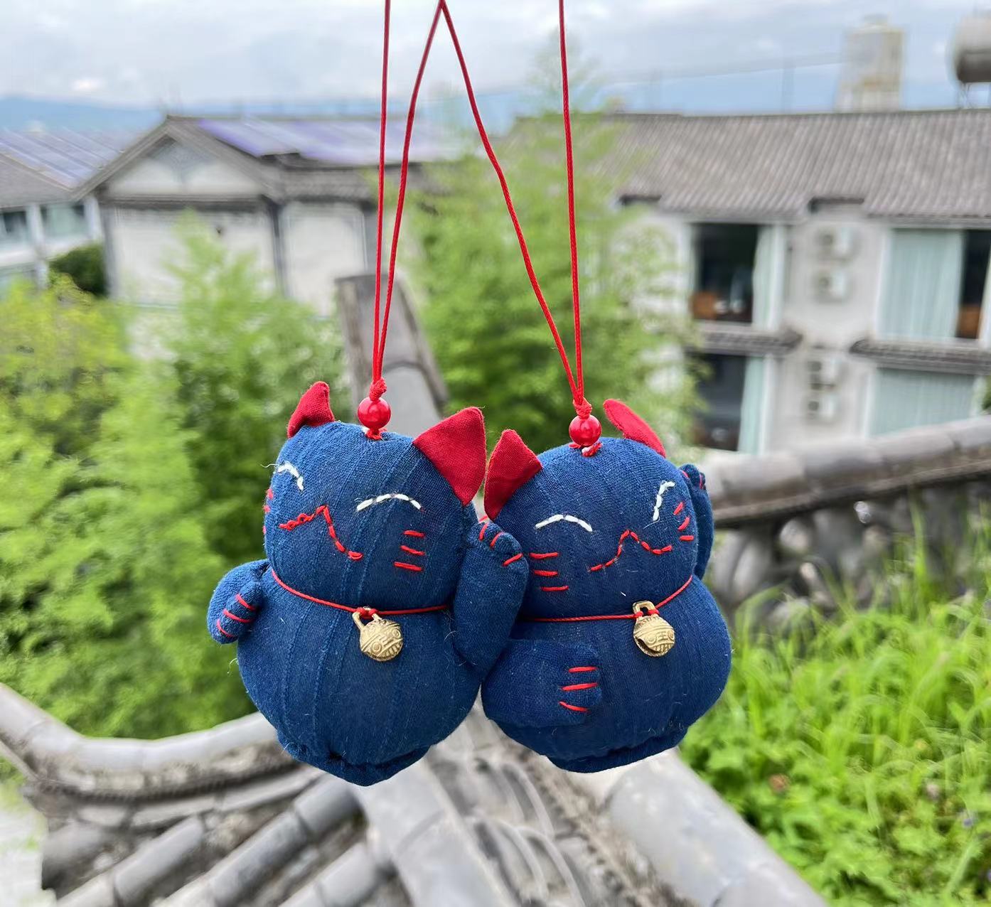 Lucky smile cat hanging ornaments/ door handle pendants/ bag accessories in natural indigo dye soft cotton fabric.