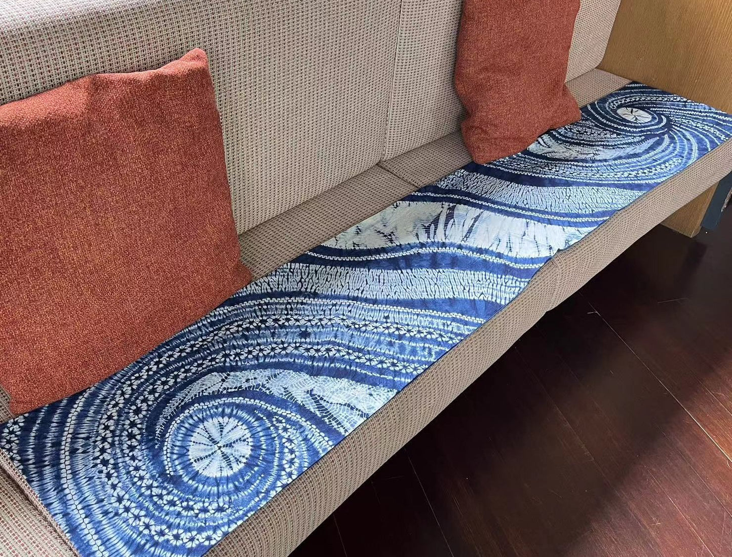 200cm*35cm Indigo blue needle tie dye table runner with artistic swirl/ smooth curved lines pattern. Handmade table runner/ tapestry/ boho wall hanging.