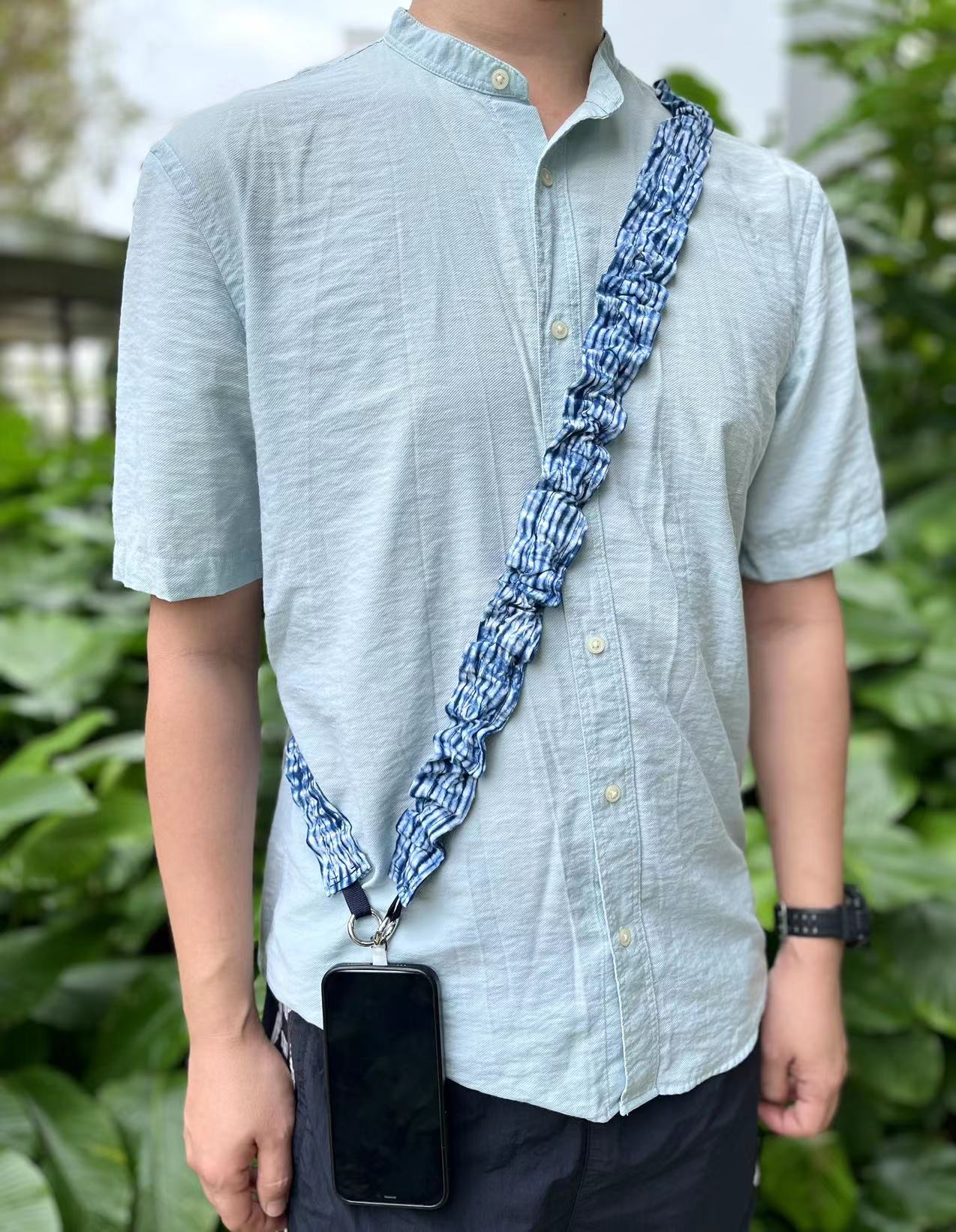 Indigo shibori/ hand woven patchwork stylish mobile phone strap/ lanyard in 130cm length (phone patch is included). A unique crossbody lanyard with your bags.