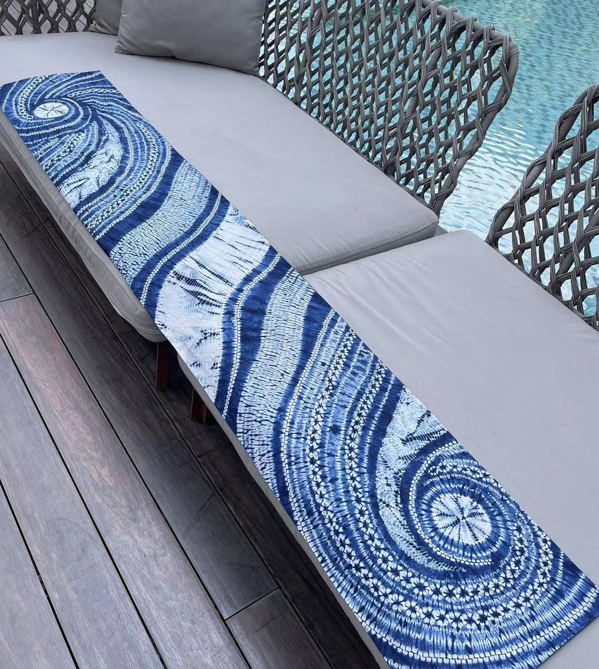 200cm*35cm Indigo blue needle tie dye table runner with artistic swirl/ smooth curved lines pattern. Handmade table runner/ tapestry/ boho wall hanging.