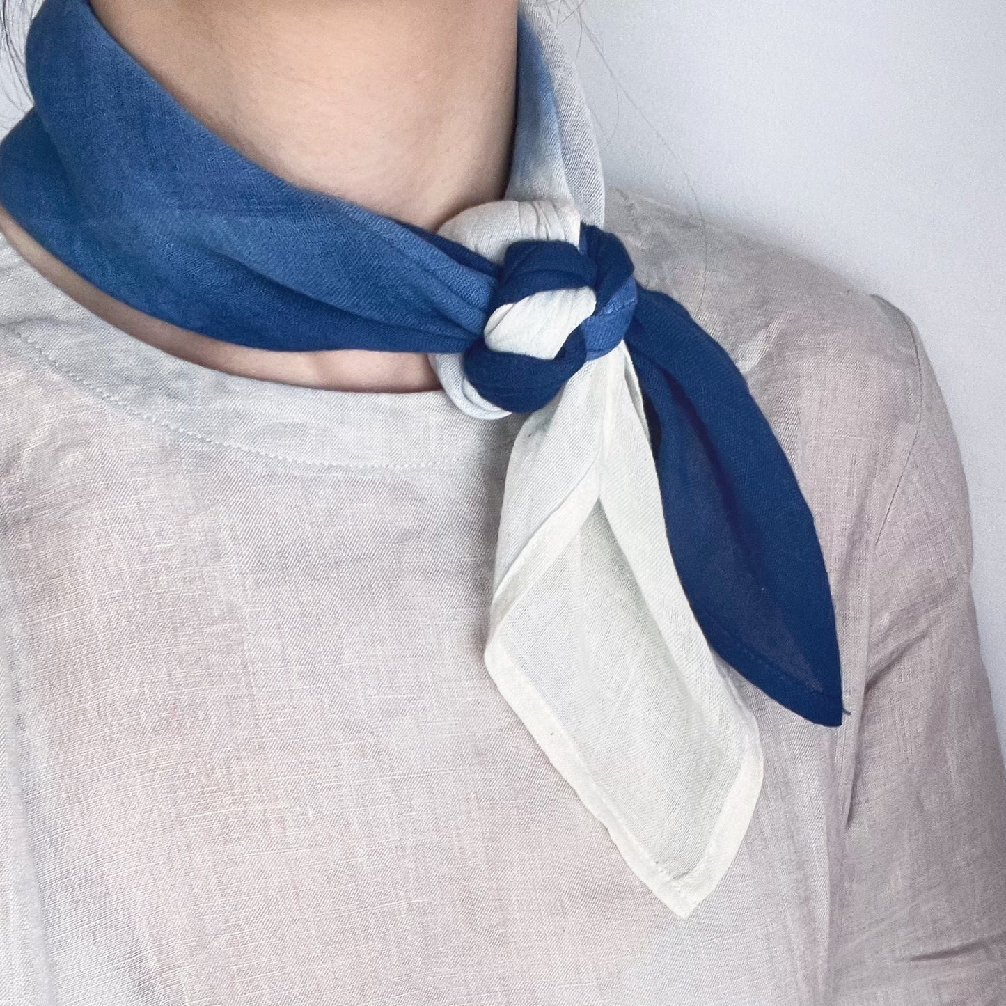 Natural cotton blue tie dye square scarf. Indigo gradient neck wrap / head bandana / tea towel, 65cm * 65cm. A pretty gift for her!