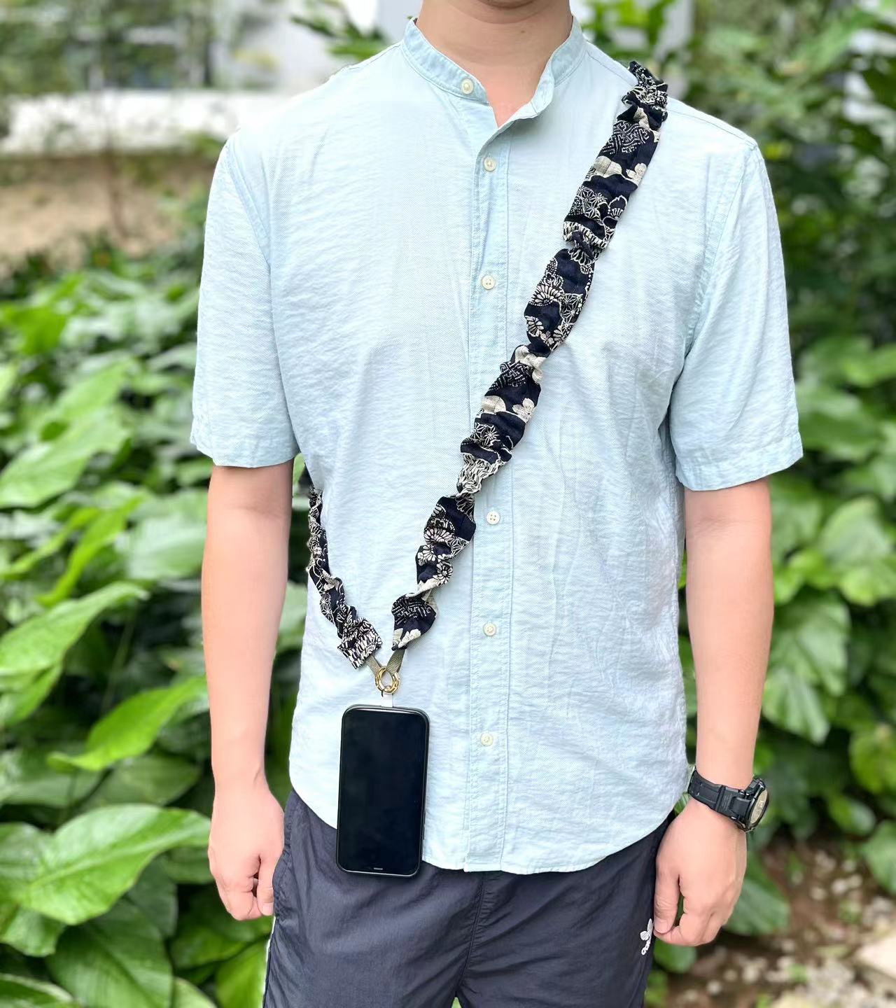 Indigo shibori/ hand woven patchwork stylish mobile phone strap/ lanyard in 130cm length (phone patch is included). A unique crossbody lanyard with your bags.