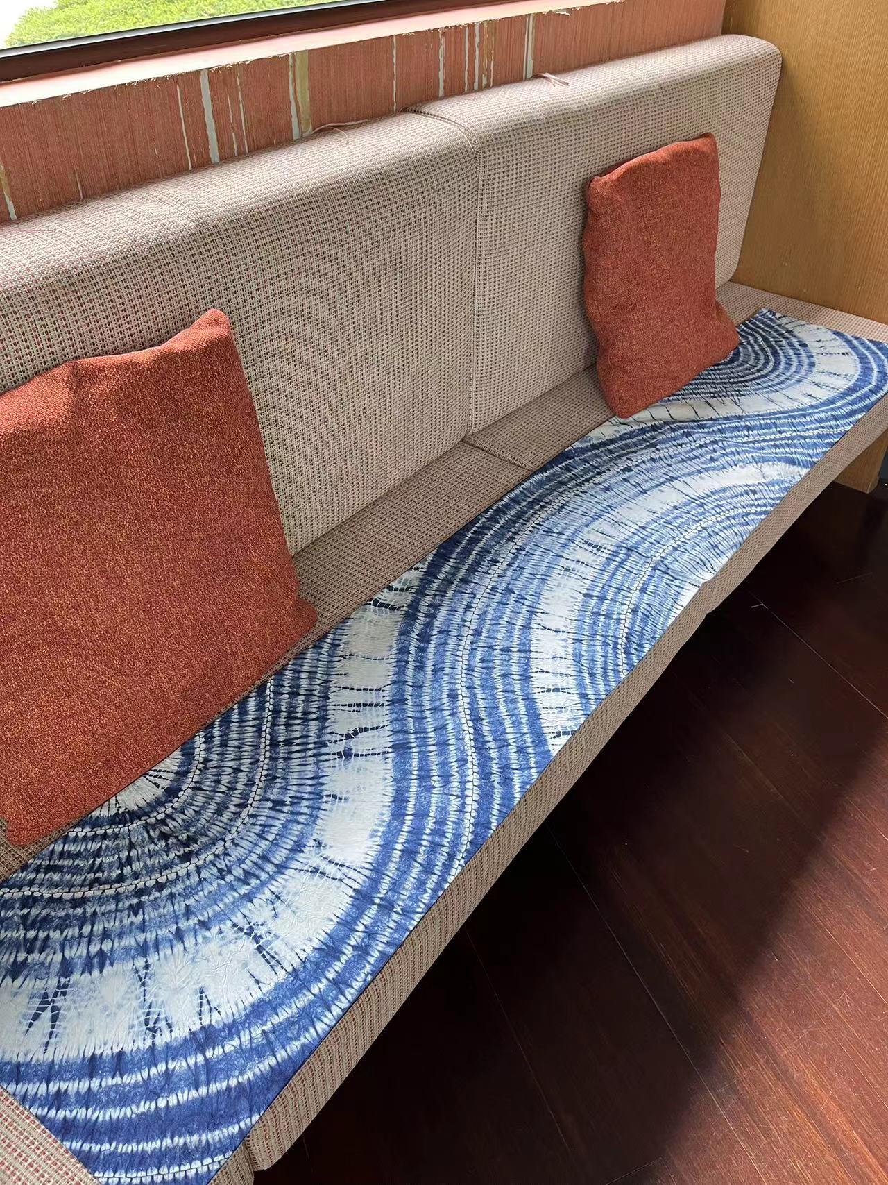 200cm*35cm Indigo blue needle tie dye table runner with artistic swirl/ smooth curved lines pattern. Handmade table runner/ tapestry/ boho wall hanging.