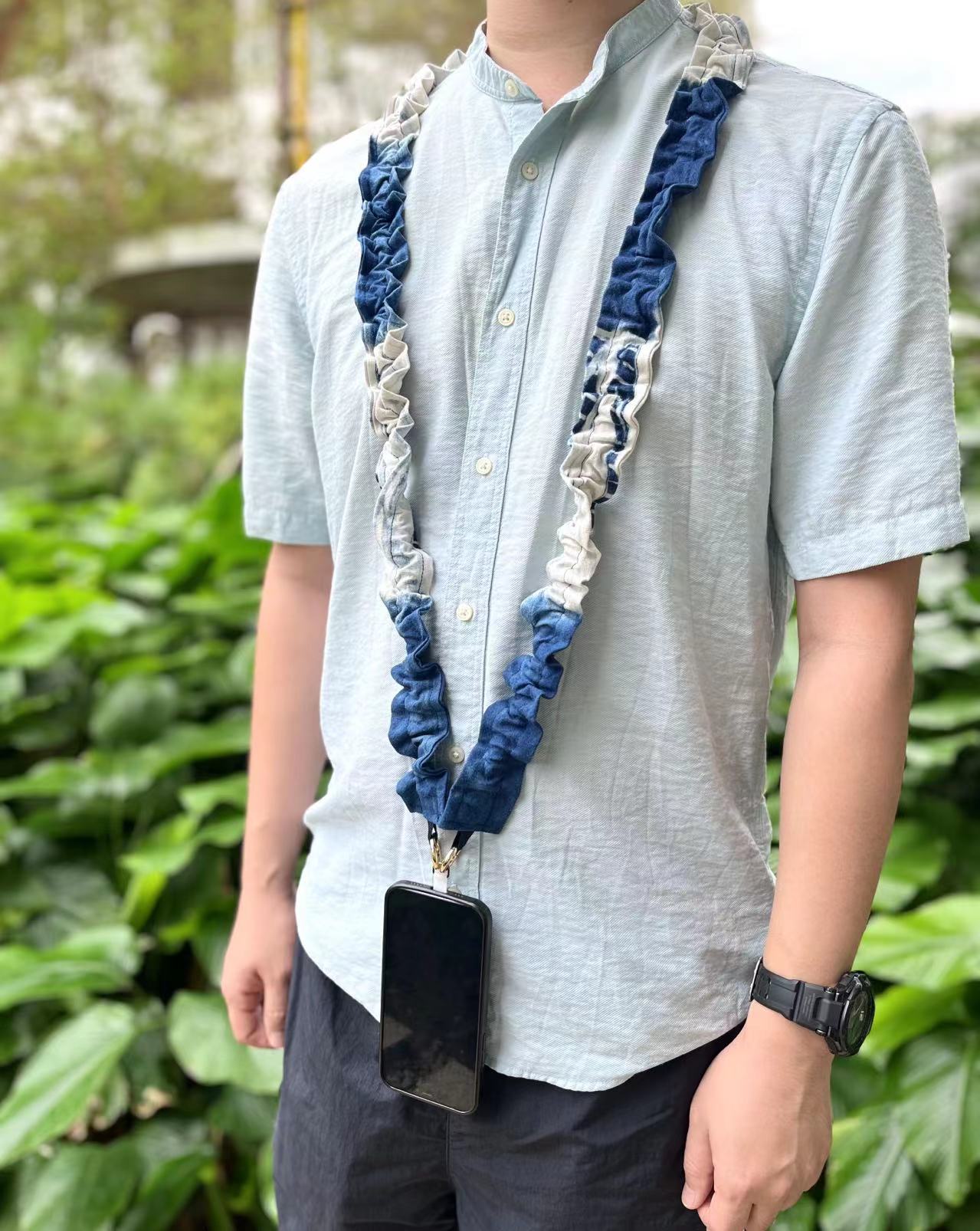 Indigo shibori/ hand woven patchwork stylish mobile phone strap/ lanyard in 130cm length (phone patch is included). A unique crossbody lanyard with your bags.