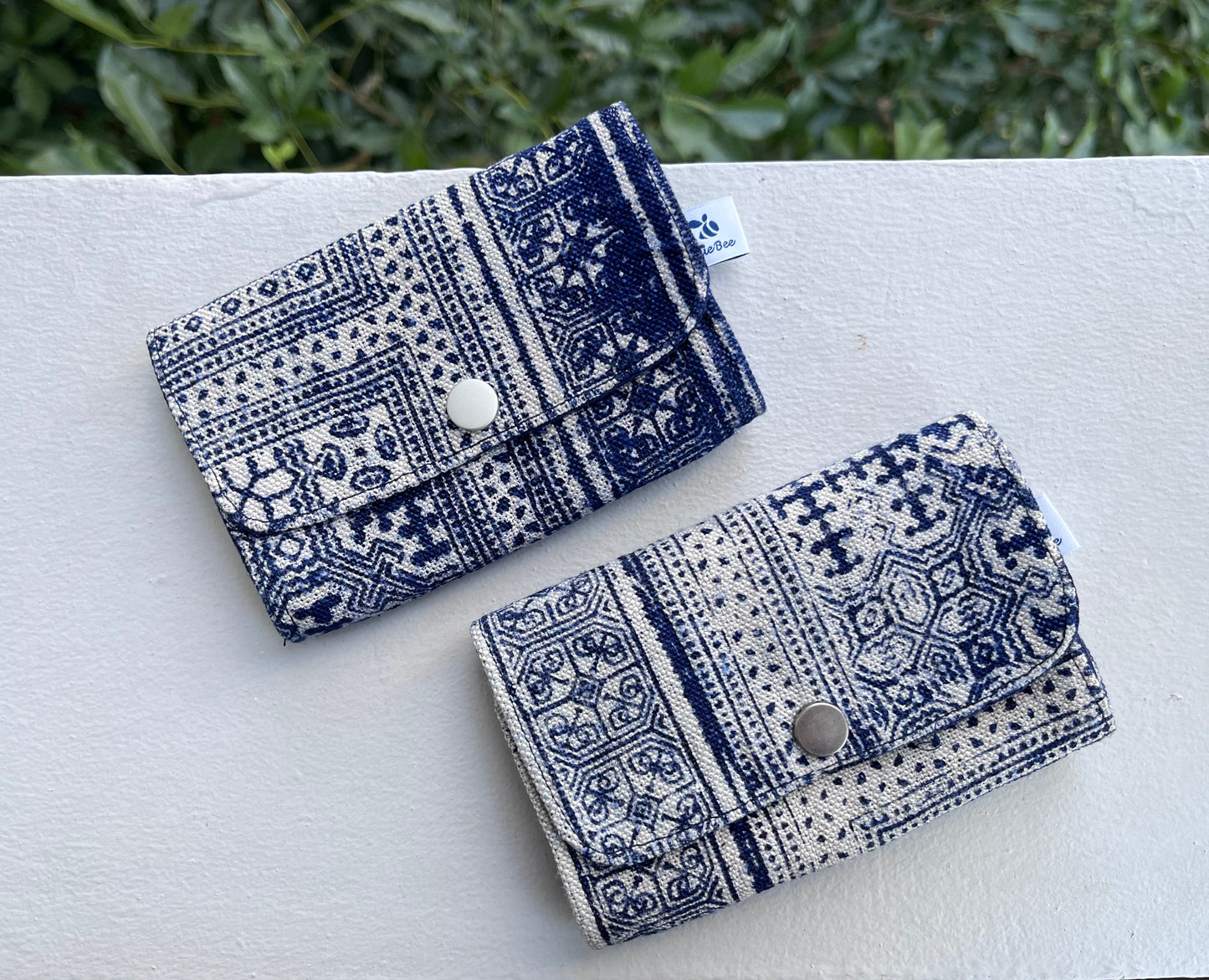 Indigo hand-painted batik zipper snap card/ coin/ keys pouch. Multifunctional snap wallet in Hmong indigo batik dyed art.