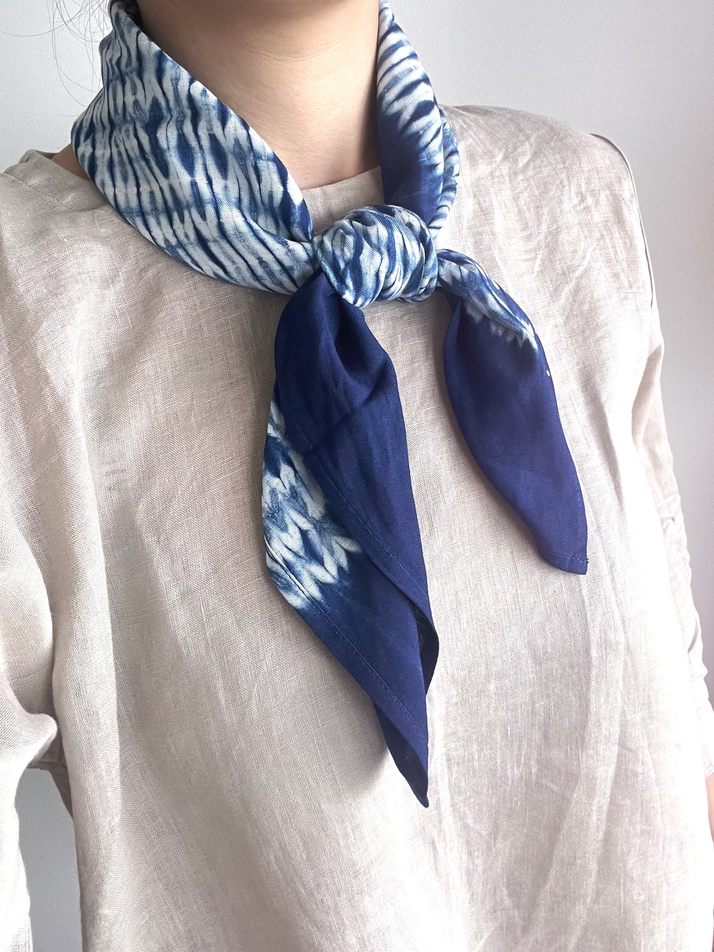 Natural cotton blue tie dye square scarf. Indigo gradient neck wrap / head bandana / tea towel, 65cm * 65cm. A pretty gift for her!