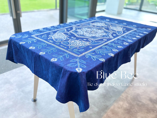 Koi fishes and floral tie dye tablecloth, indigo rectangle table linen, fish art tapestry, Boho wall hanging, picnic blanket.