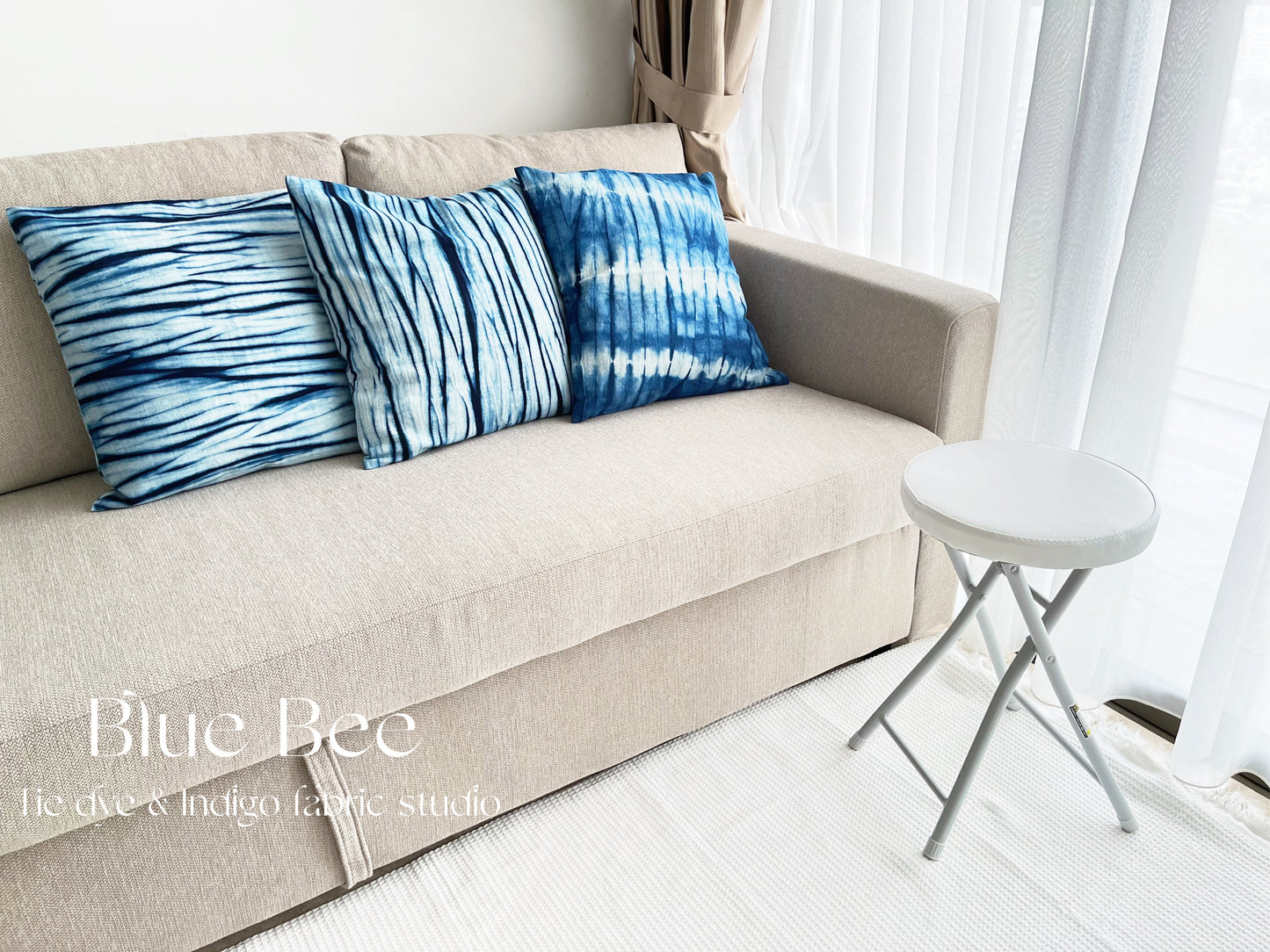 Indigo blue tie dye cushion cover / pillow cover with blue water ripples art, 45cm * 45cm. Pretty houseware gift!