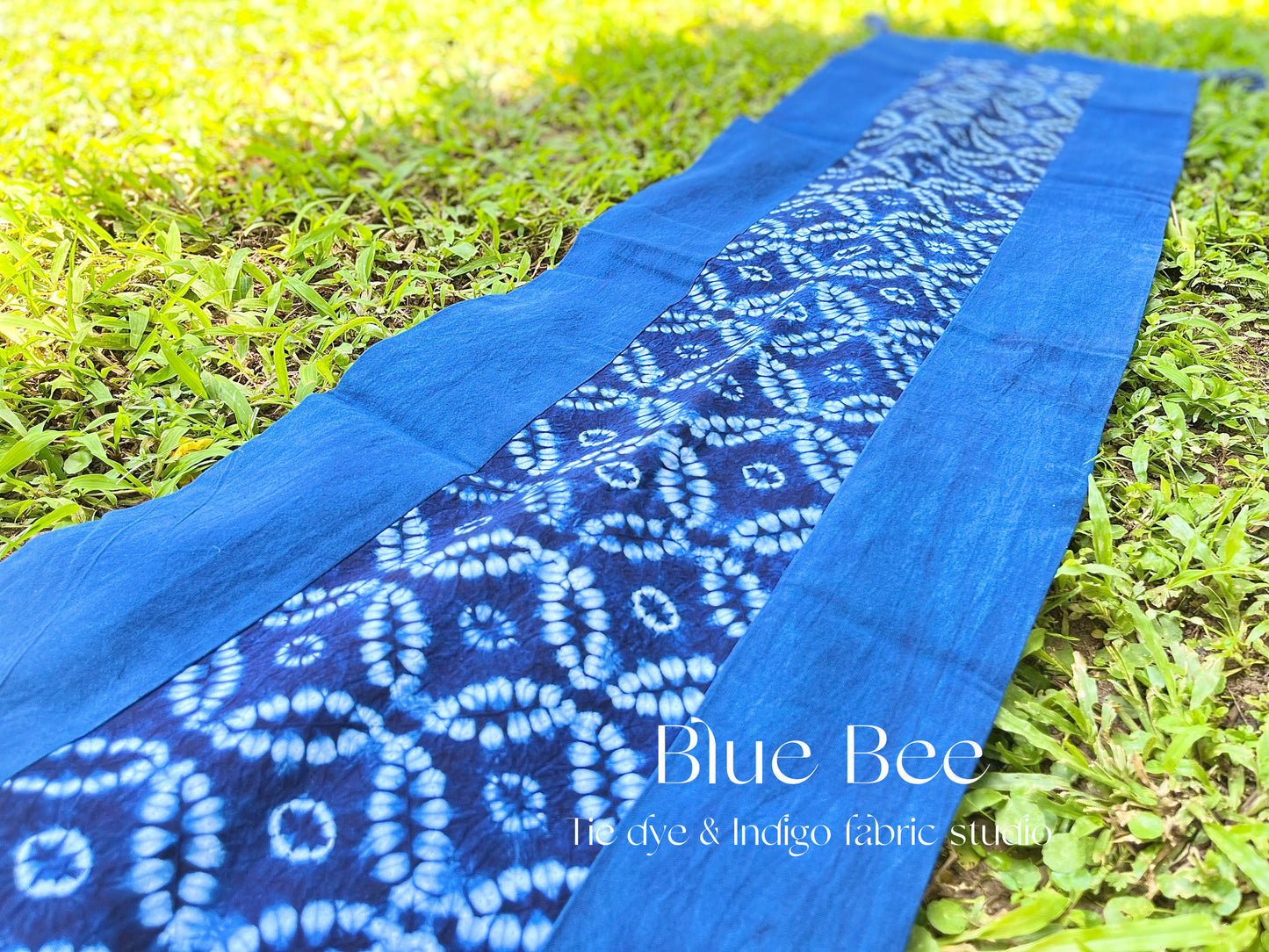 Indigo tie dye table runner with wavy cloud / connected rings pattern. Handmade table runner / tapestry / boho wall hanging. Unique home decor for you! 71 * 14 in