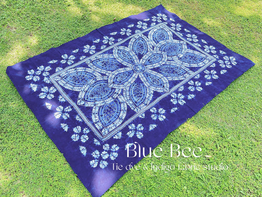 Blue lotus tie dye tablecloth, indigo dye table linen. Lotus flower tapestry / boho wall hanging / picnic blanket, 165cm*115cm.