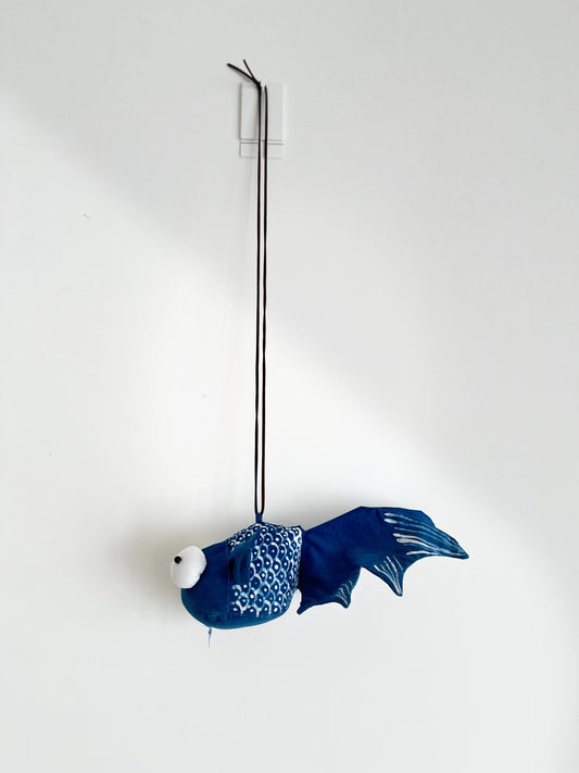 Natural indigo dye goldfish decor with hand painted batik. An unique goldfish car hanging sachet, curtain tieback, bag ornament, key chain.