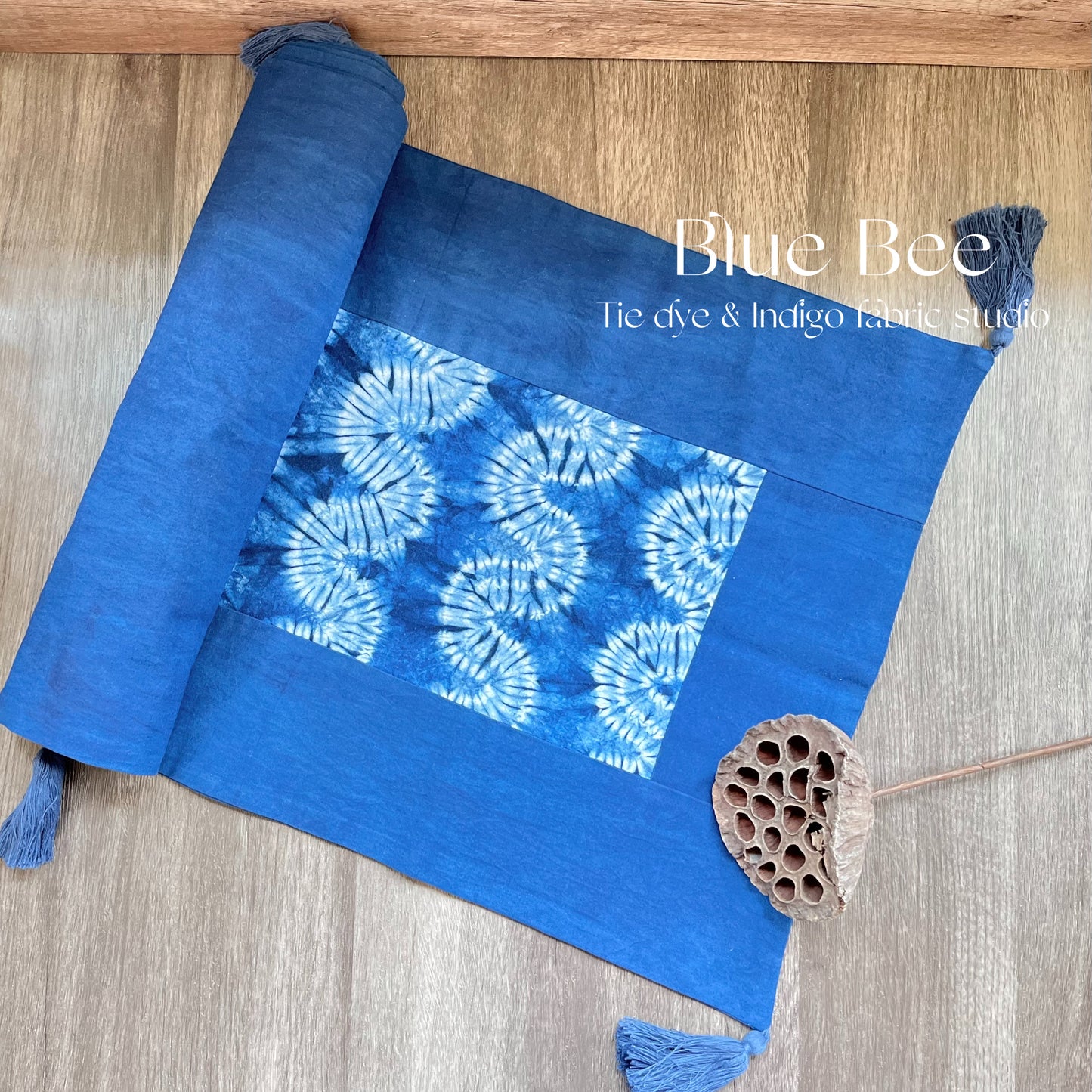 Indigo tie dye table runner with wavy cloud / connected rings pattern. Handmade table runner / tapestry / boho wall hanging. Unique home decor for you! 71 * 14 in