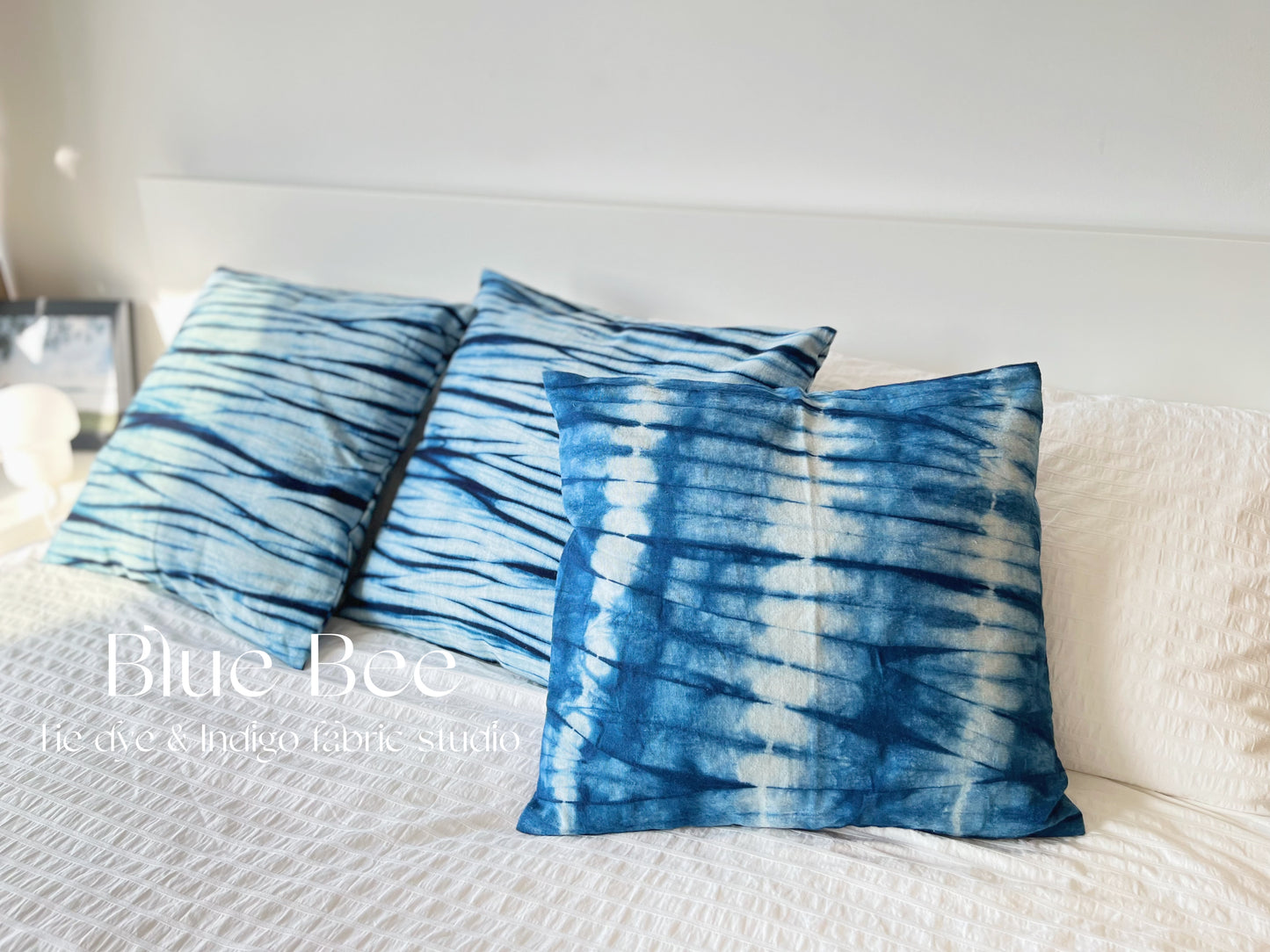 Indigo blue tie dye cushion cover / pillow cover with blue water ripples art, 45cm * 45cm. Pretty houseware gift!