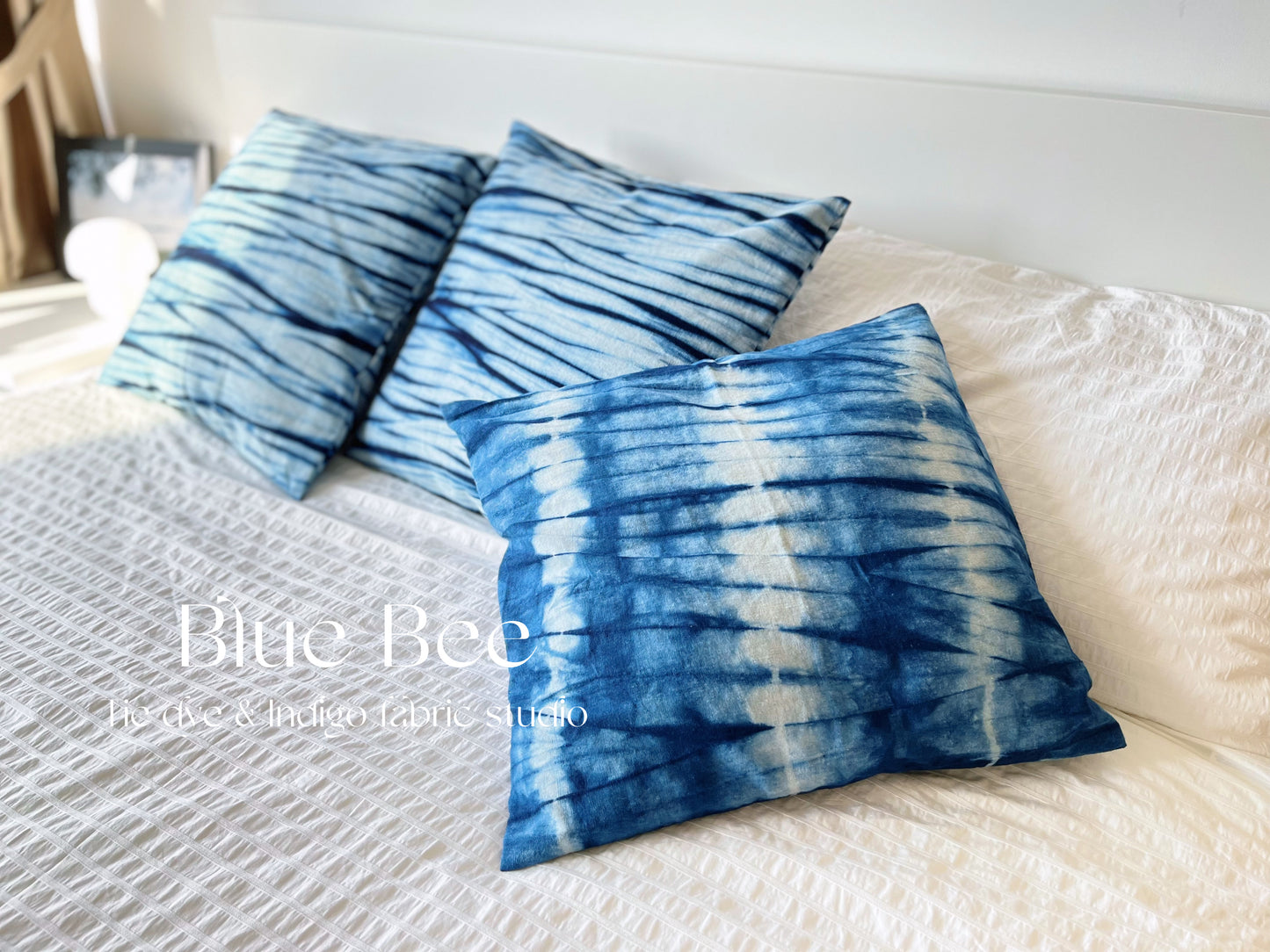 Indigo blue tie dye cushion cover / pillow cover with blue water ripples art, 45cm * 45cm. Pretty houseware gift!