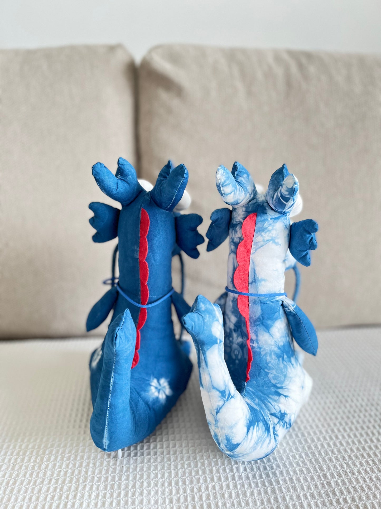Natural cotton baby dragon doll made with indigo botanical dyed fabric. Lovely stuffed soft dragon toy. A new born / easter basket gift.