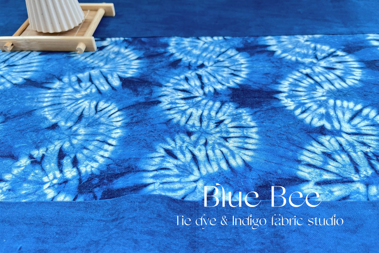 Indigo tie dye table runner with wavy cloud / connected rings pattern. Handmade table runner / tapestry / boho wall hanging. Unique home decor for you! 71 * 14 in