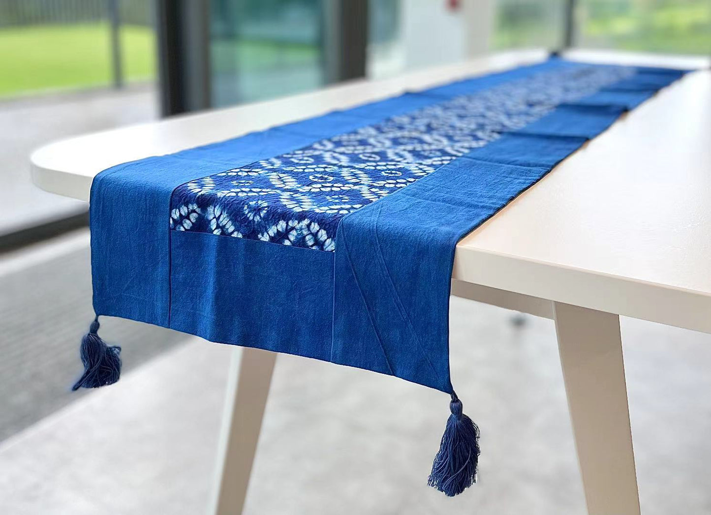 Indigo tie dye table runner with wavy cloud / connected rings pattern. Handmade table runner / tapestry / boho wall hanging. Unique home decor for you! 71 * 14 in