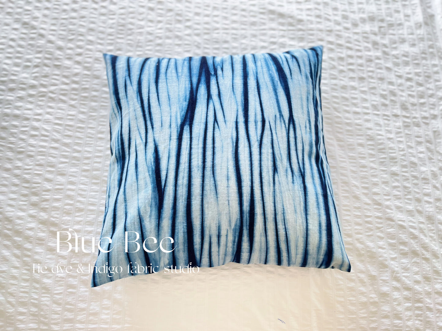 Indigo blue tie dye cushion cover / pillow cover with blue water ripples art, 45cm * 45cm. Pretty houseware gift!