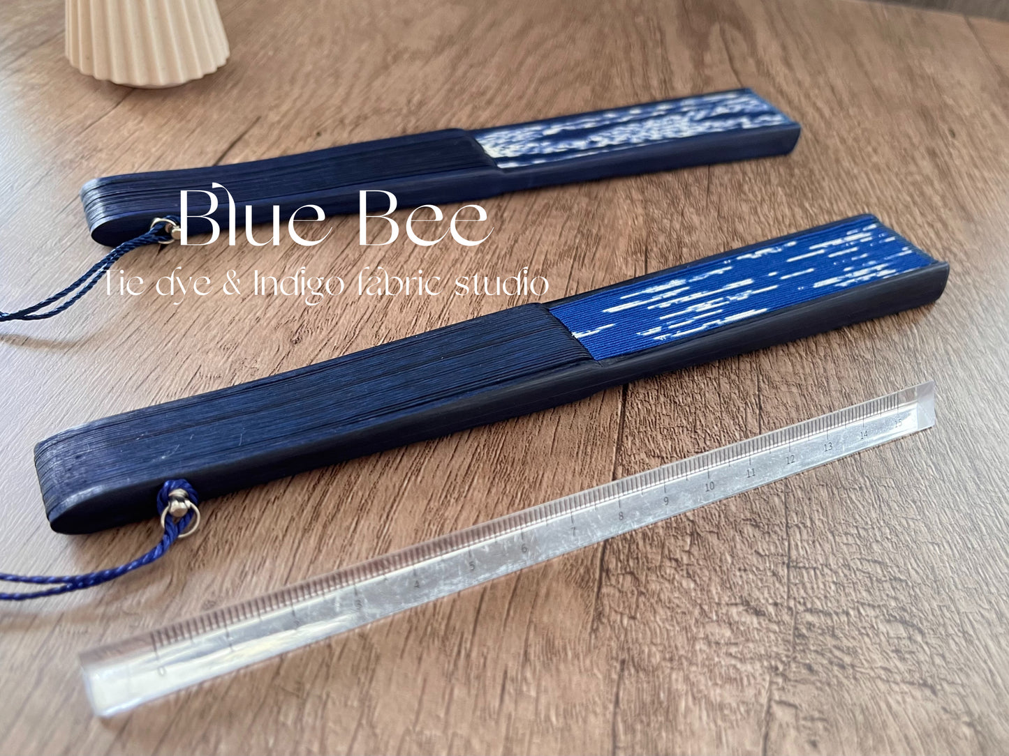 Elegant ripple tie dye folding fan. Classic indigo dyed hand fan for summer garden picnic. 21cm*3cm.