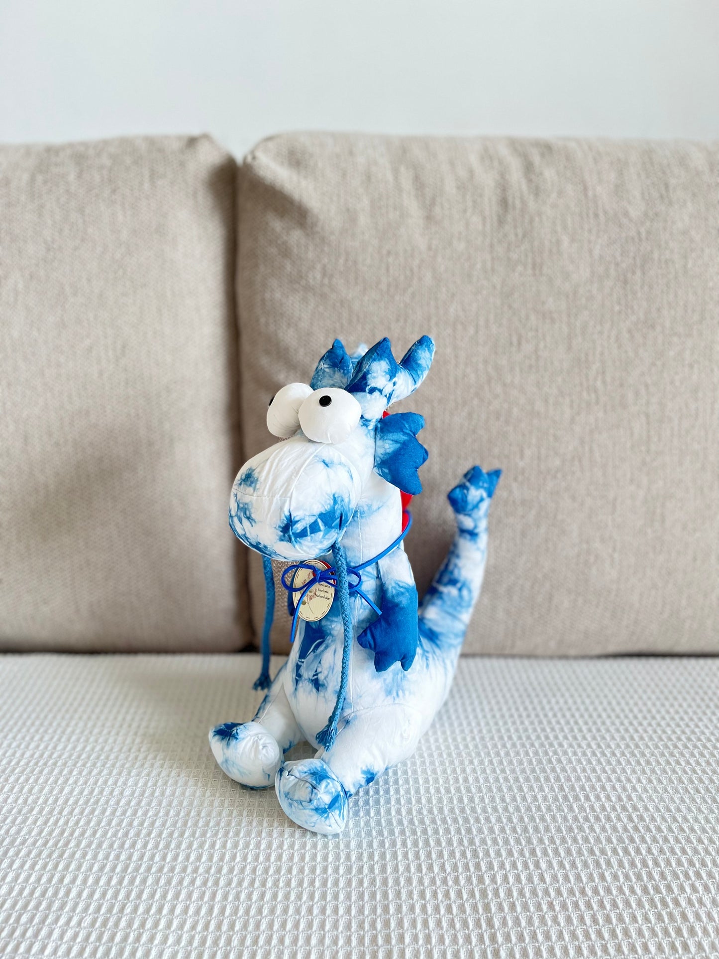 Natural cotton baby dragon doll made with indigo botanical dyed fabric. Lovely stuffed soft dragon toy. A new born / easter basket gift.