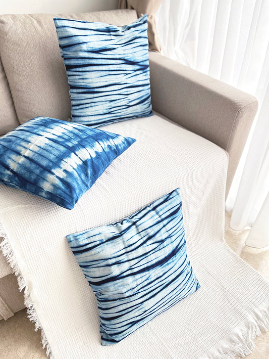 Indigo blue tie dye cushion cover / pillow cover with blue water ripples art, 45cm * 45cm. Pretty houseware gift!