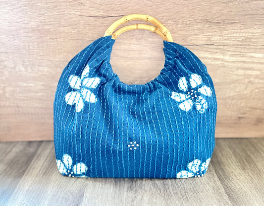 Sakura embroidery indigo dyed handbag with bamboo ring handles. Natural blue dyed dumpling-shaped wrist bag for mom and girlfriend!