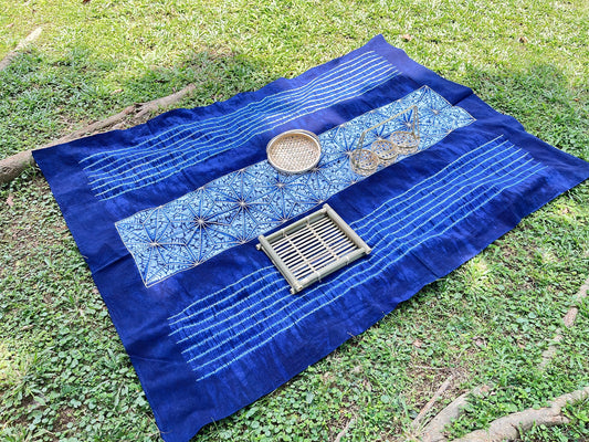 Natural indigo dye tablecloth. Eucalyptus leaf tie dye table linens, stripes tapestry, boho wall hanging, outdoor blanket, 65 * 45 in